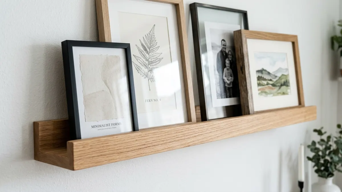 Close-up architectural photograph of a four-inch deep oak picture ledge on a white wall showing overlapping layers of picture frames resting against the wall with front safety lip