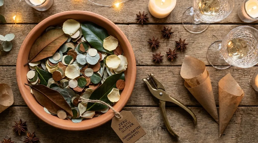 Plastic-free New Year party confetti made from punched leaves and dried petals in paper cones