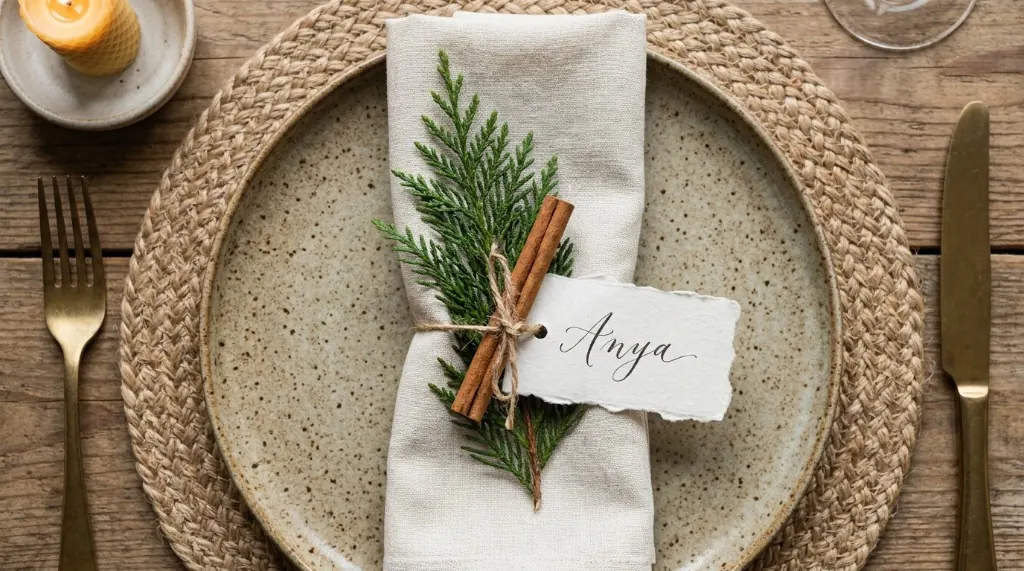 Plastic-free Christmas dinner place setting with braided jute charger, ceramic plate, folded linen napkin, cedar twig, cinnamon stick, and deckle-edge name card