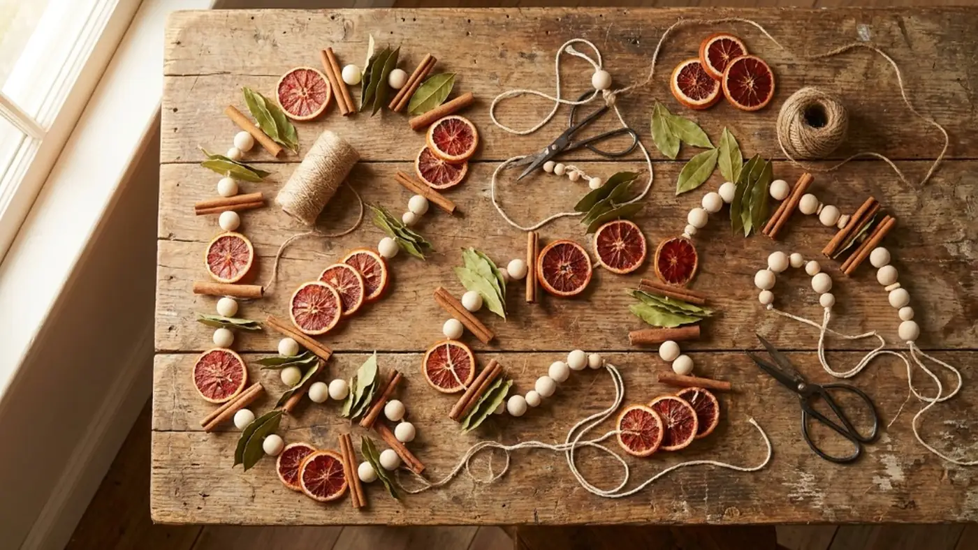 Flat-lay arrangement of dehydrated orange slices, cinnamon sticks, dried bay leaves, and unfinished wooden beads strung on natural baker twine