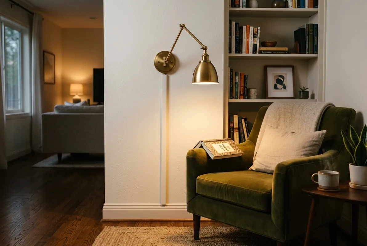 plug-in wall sconces for rentals - Brushed brass swing-arm sconce mounted at ergonomic reading height beside an armchair