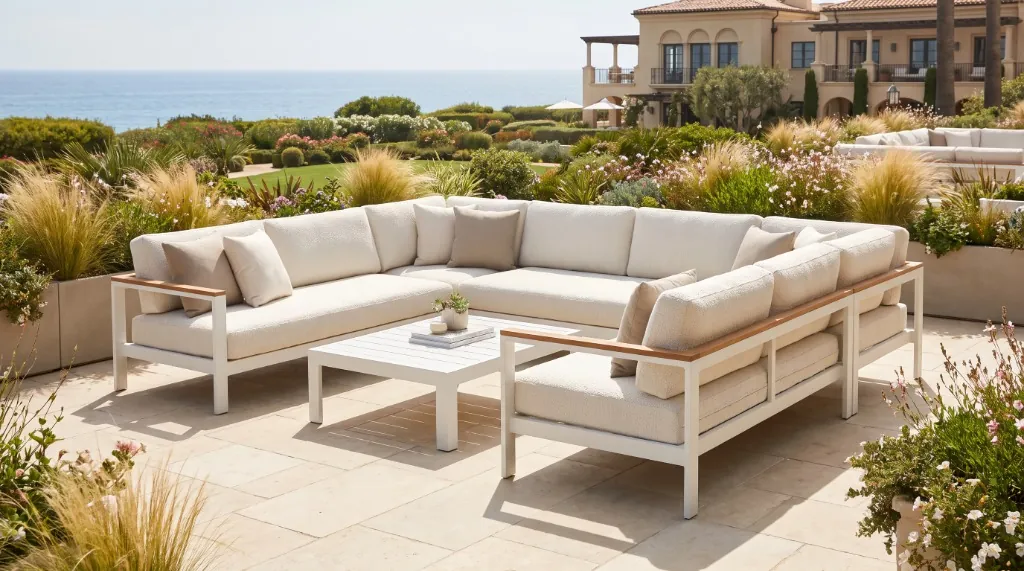 Solid Grade-A teak outdoor dining table with silver patina finish on a sunny stone terrace garden