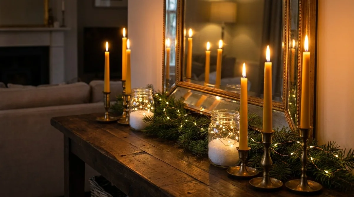 Beeswax taper candles in brass holders beside warm lights and cedar garland