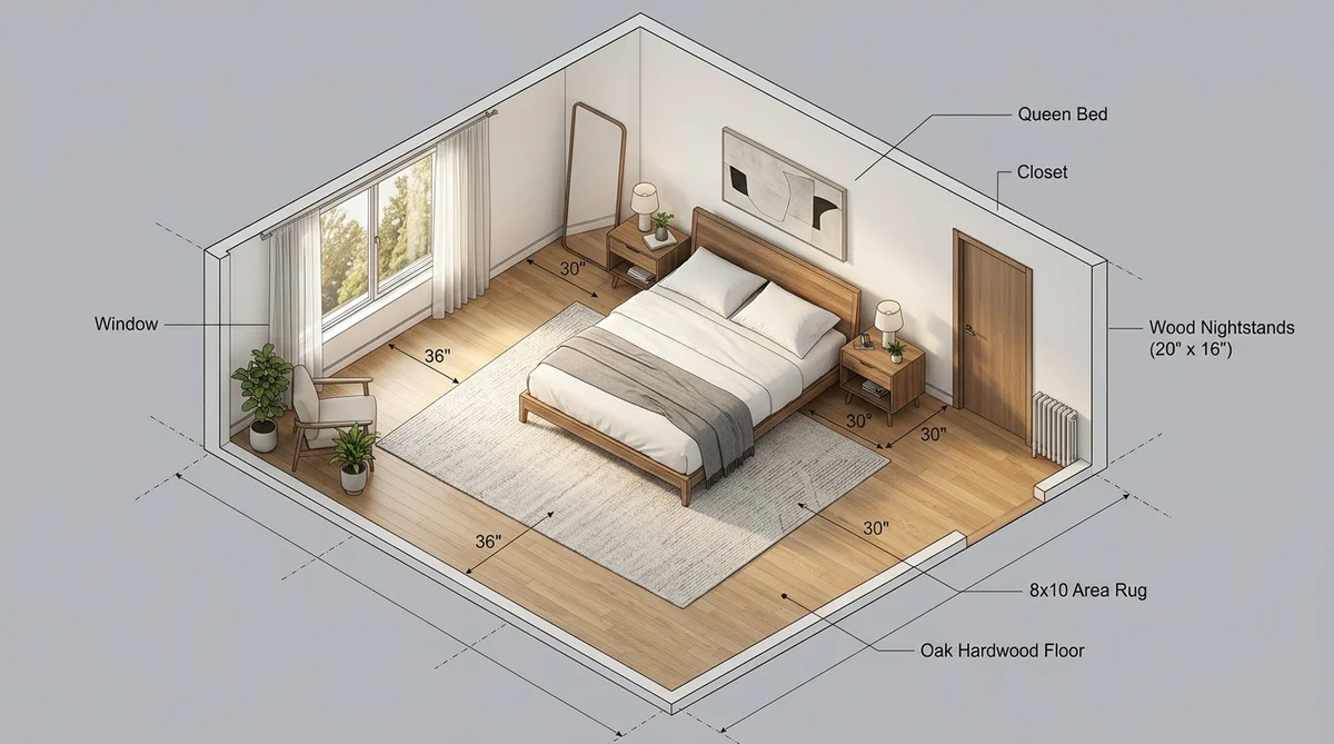 Architectural 3D diagram showing what size rug for a queen bed with 8x10 dimensions and nightstand clearances