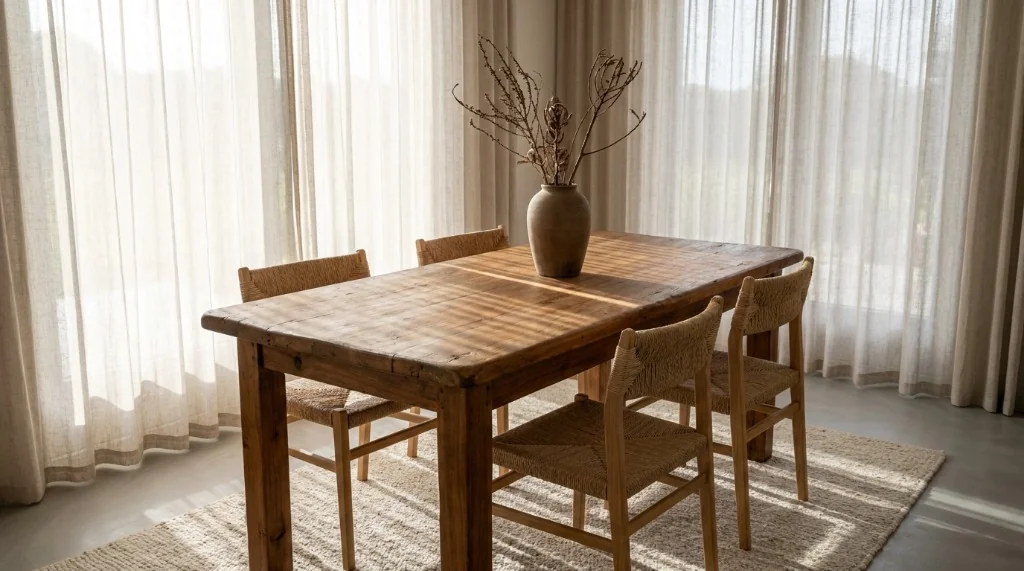 Reclaimed sustainable teak dining table with organic rounded edges in a sunlit Japandi minimalist dining room