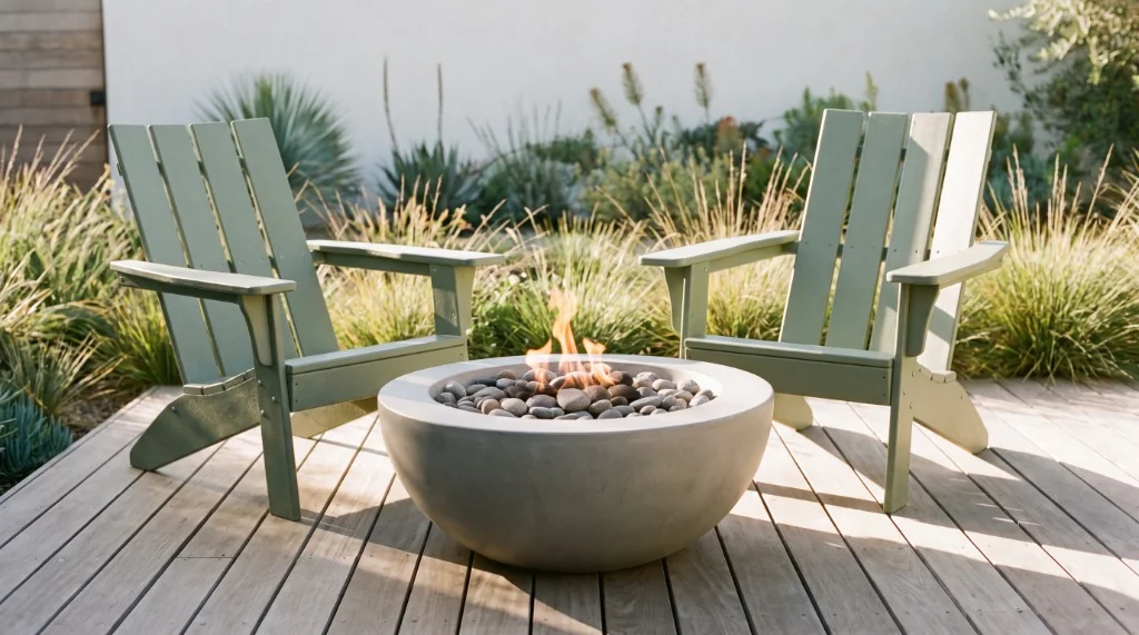 Pair of recycled HDPE poly lumber Adirondack chairs in sage green beside a modern fire pit on outdoor deck