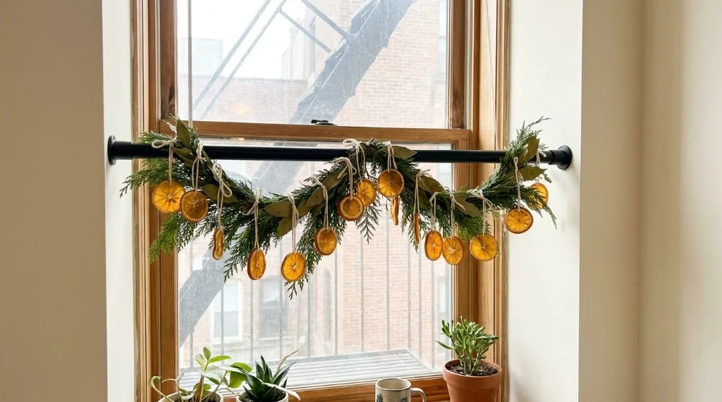 Renter-friendly tension rod window garland with fresh cedar and dried orange rounds installed without drywall damage