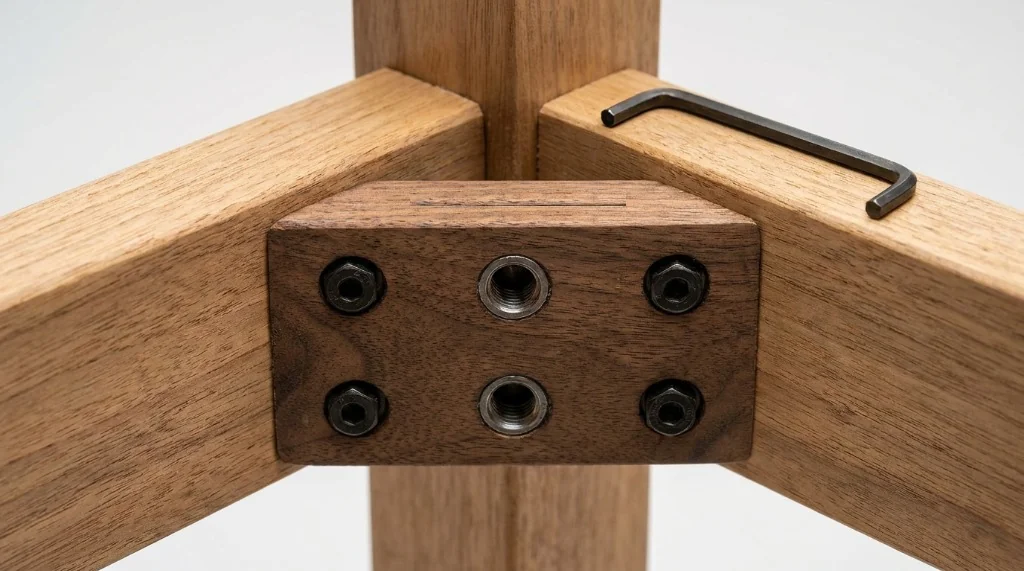 Close up of modular sustainable furniture corner showing solid wood rails, threaded steel inserts, and detachable solid oak legs