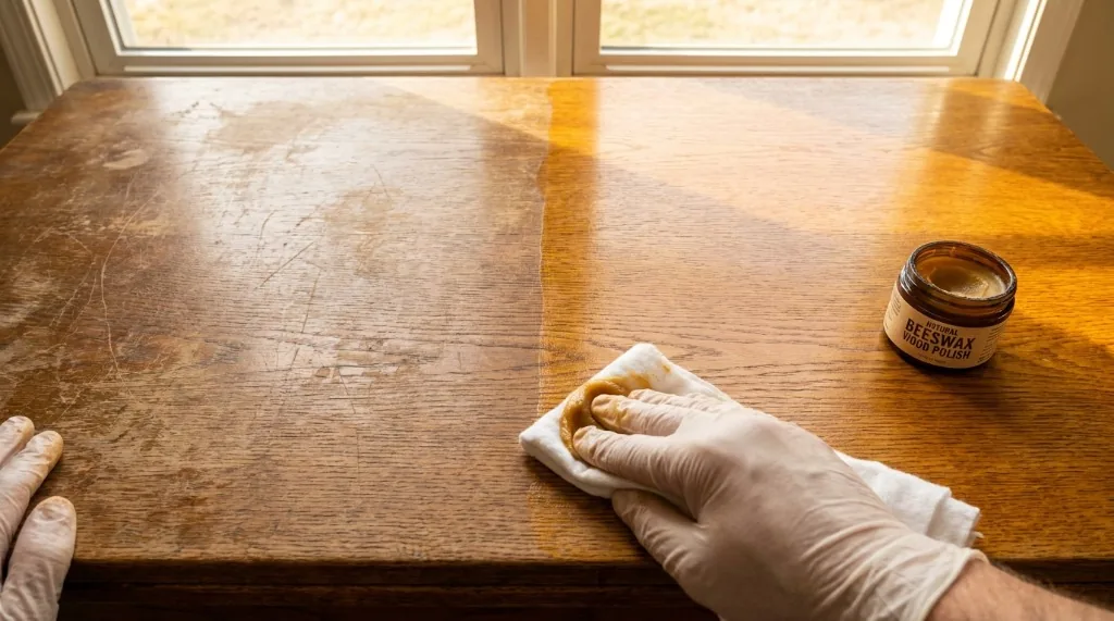 Hands applying natural beeswax polish with a clean cotton rag to a solid wood dining table surface