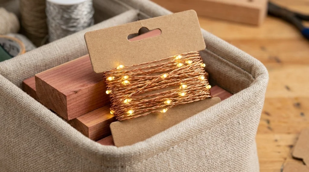 Reusable copper wire LED fairy lights evenly spooled on notched kraft cardboard alongside aromatic red cedar blocks