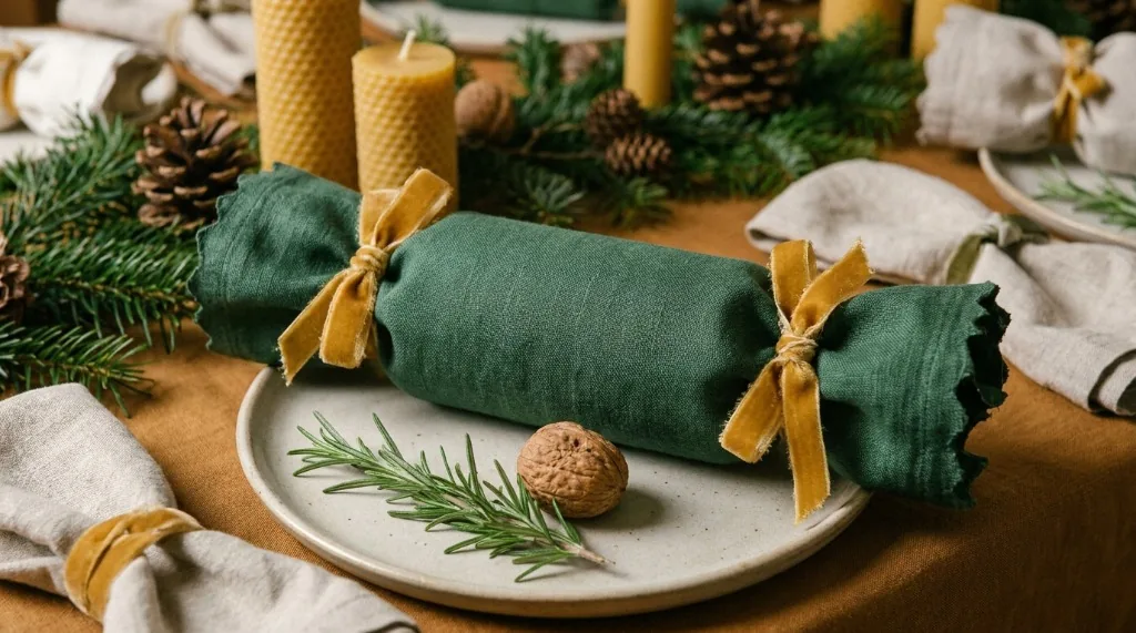 Eco-friendly reusable Christmas cracker crafted from green linen fabric tied with mustard velvet ribbon on a stoneware bread plate