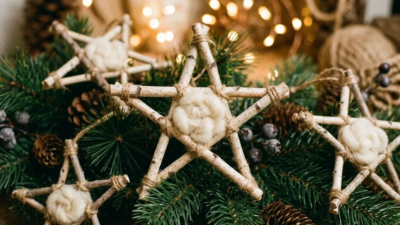 Handmade five-pointed star ornaments crafted from birch twigs, bound with natural jute twine and filled with cream wool roving
