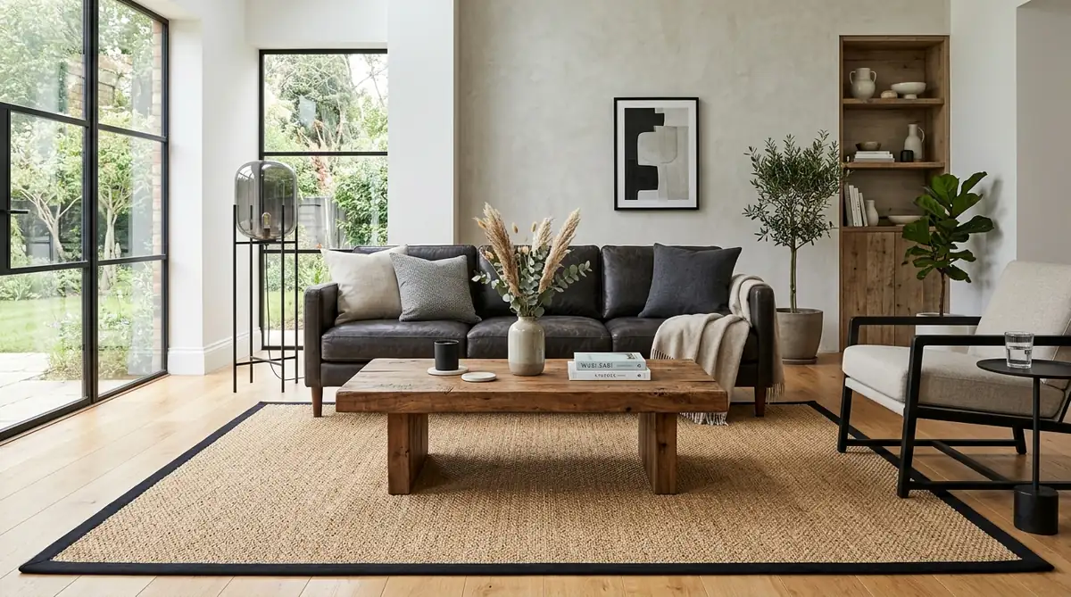 Safavieh natural agave sisal rug with black cotton twill border under leather sofa