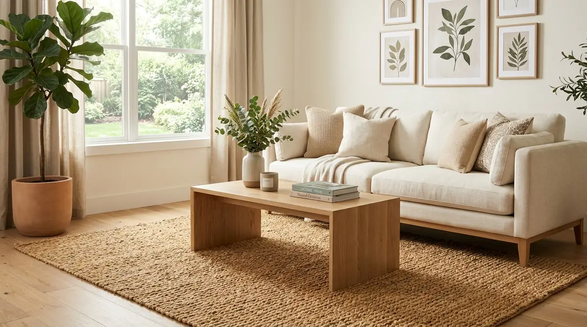 Safavieh natural thick braided jute area rug under cream sofa in sunny living room