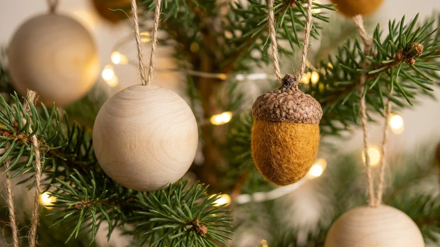 Close-up of turned birch wood ball and yellow wool felt acorn ornament hanging from pine branches with raw jute twine