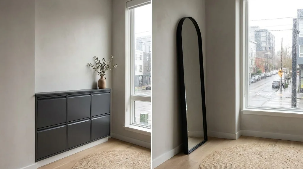 Matte charcoal slim pull-down shoe storage cabinet with arched mirror in modern foyer
