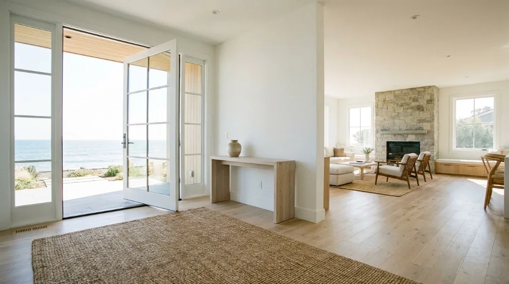 Open California coastal front entry showing 40-inch door swing clearance and console placement