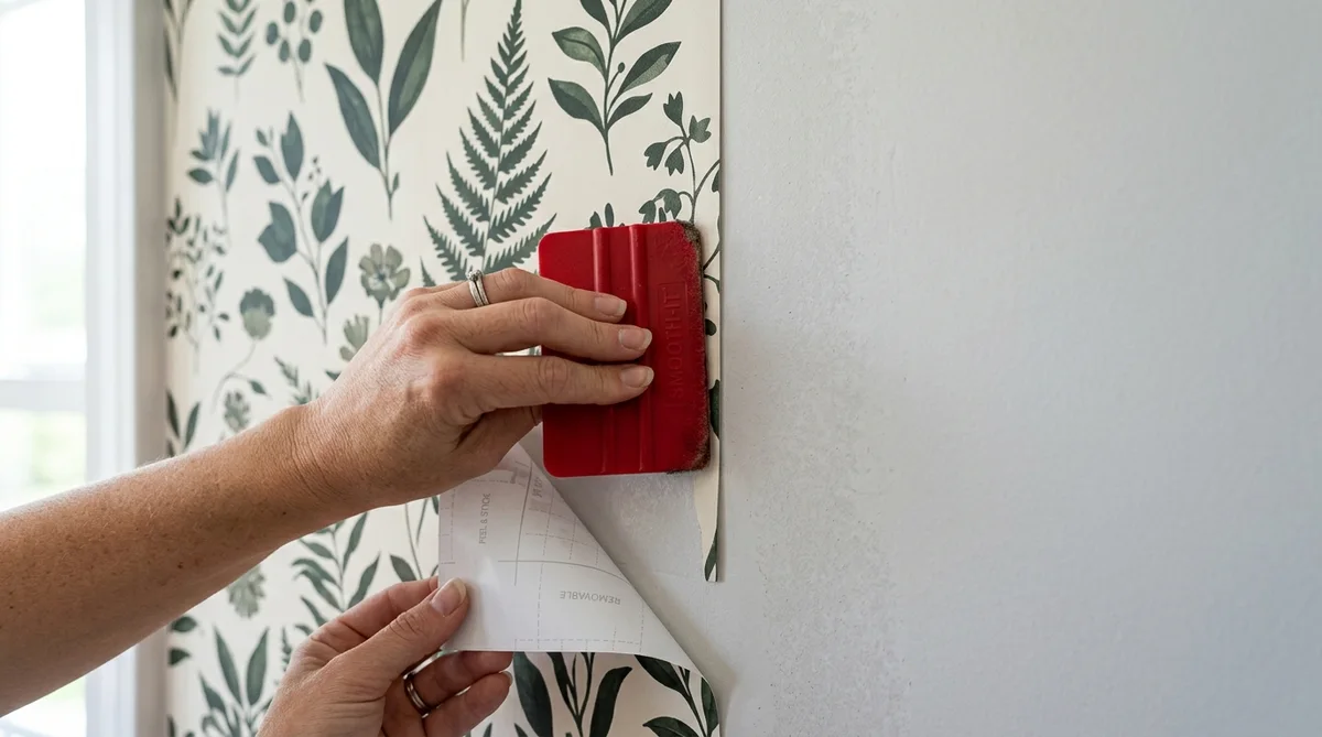 peel and stick wallpaper how many rolls - Smoothing out air bubbles on peel and stick wallpaper using a red felt edged squeegee tool