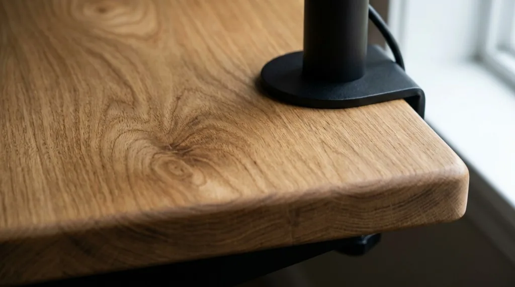 Close-up macro view of a 1.25-inch thick solid white oak desktop showing natural grain and a heavy-duty monitor clamp without wood deflection