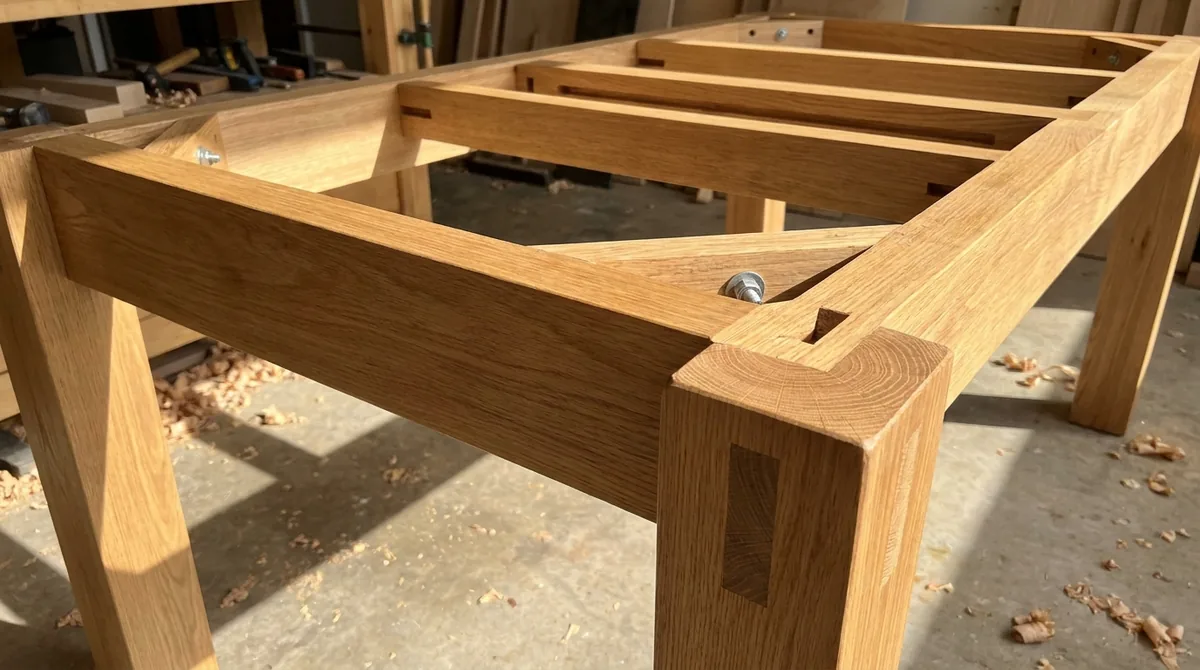 Exposed wooden table frame with rails, visible joints, and metal fasteners in a workshop