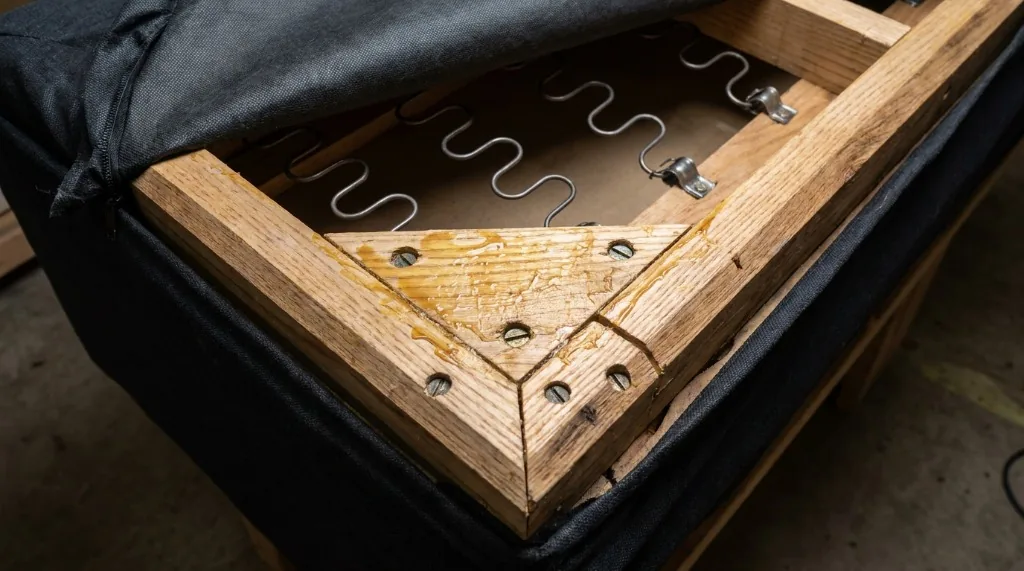 Underside view of sofa construction revealing solid kiln-dried hardwood rails, glued corner blocks, and steel sinuous springs