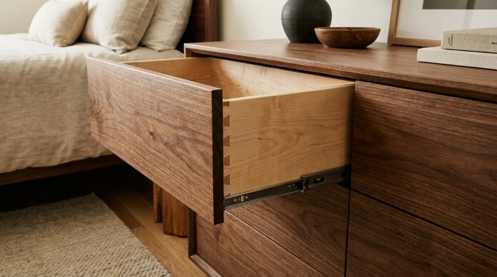 Open drawer of a solid American walnut dresser showing crisp English dovetail corner joints and undermount ball-bearing slides