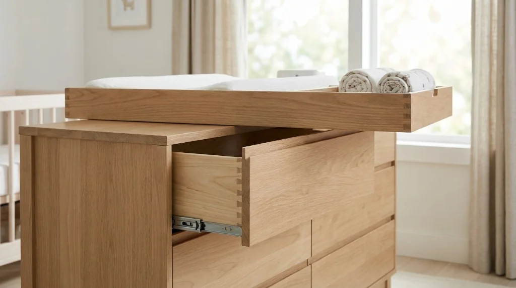 Solid oak nursery dresser with removable changing tray topper and open drawer showing English dovetail joinery
