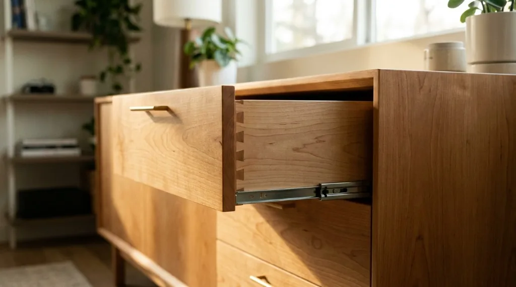 Solid maple home office storage credenza showing open drawer with precision interlocking English dovetail joinery