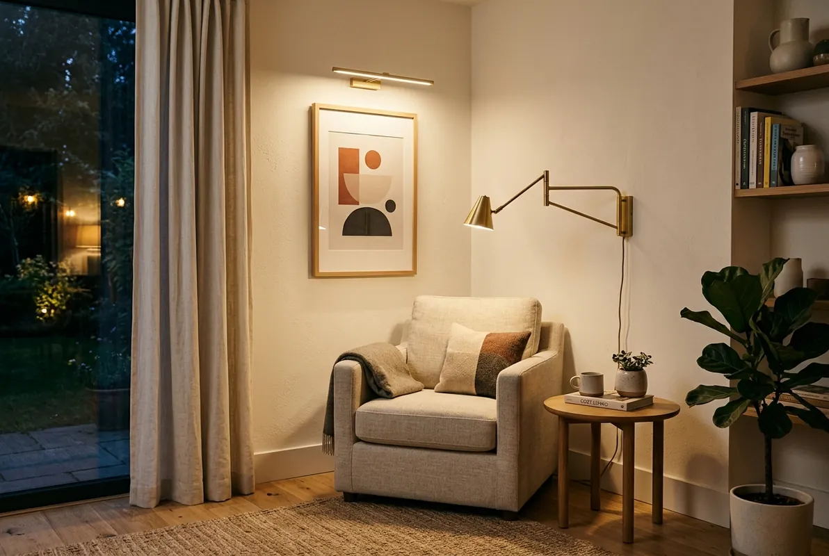 how to layer lighting small living room - Space saving brass swing-arm wall sconce and wireless picture light in a compact living room corner