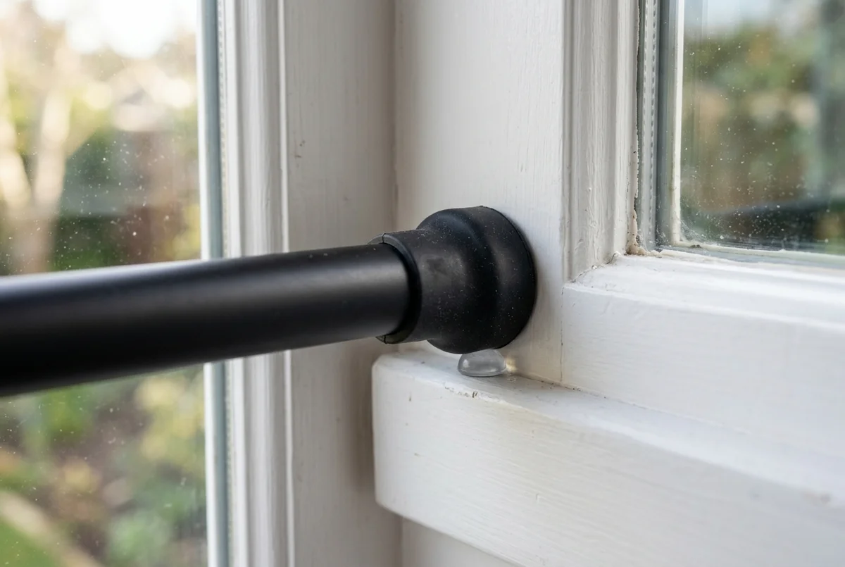 Clear rubber bumper installed beneath a spring tension curtain rod end-cap inside window jamb to prevent slipping