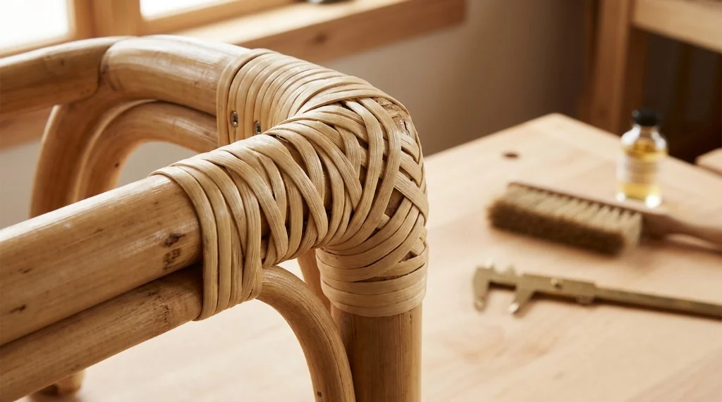 Artisan sustainable rattan furniture joinery showing steam-bent solid poles joined with natural cane peel strapping
