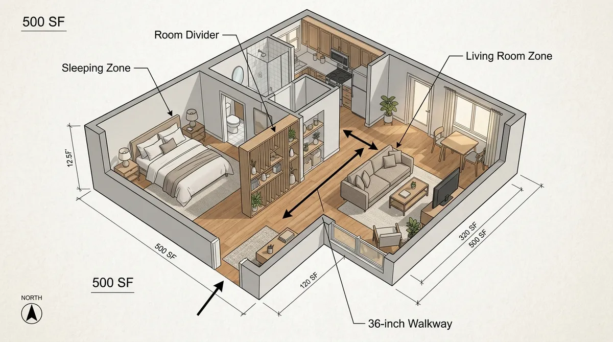 Architectural 3D studio apartment room divider ideas diagram showing sleeping zone and 36-inch walkway clearances