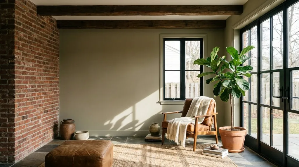Rustic modern sunroom interior featuring exposed red brick accent wall, dark cedar ceiling beams, and walls painted in earthy muted olive-greige.