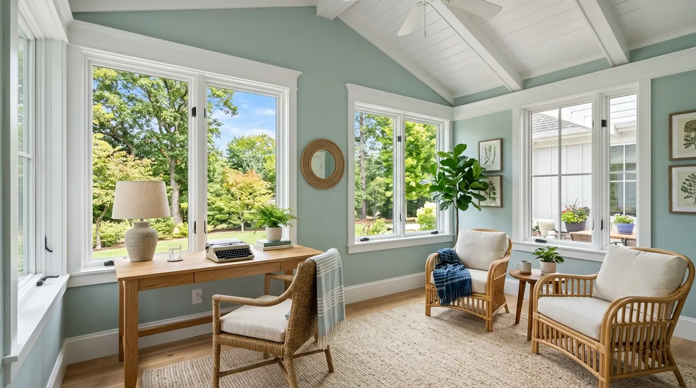 Sunlit sunroom with walls painted in a soft coastal blue-green hue, featuring continuous white windows, jute area rug, oak desk, and garden views.