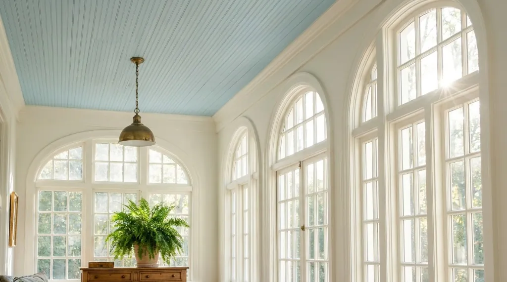 Upward architectural view of a sunroom beadboard ceiling painted in soft pale sky haint blue, with warm white walls and arched multipane windows.
