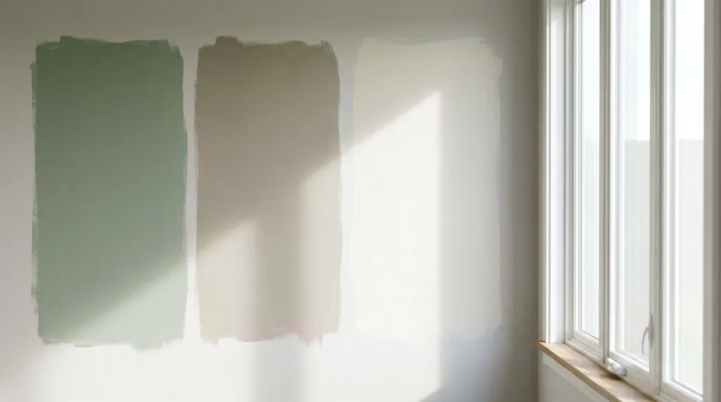 Close-up of three painted test swatches on sunroom drywall beside a bright window, demonstrating shifting undertones under direct sunlight.