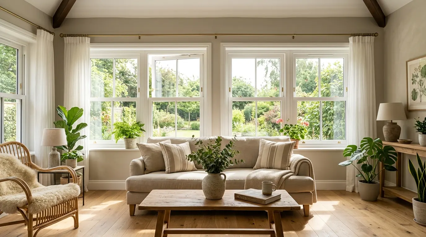 Airy sunroom interior painted in soft warm greige eggshell finish, featuring white double-hung windows, natural light oak floors, and glare-free daylight.
