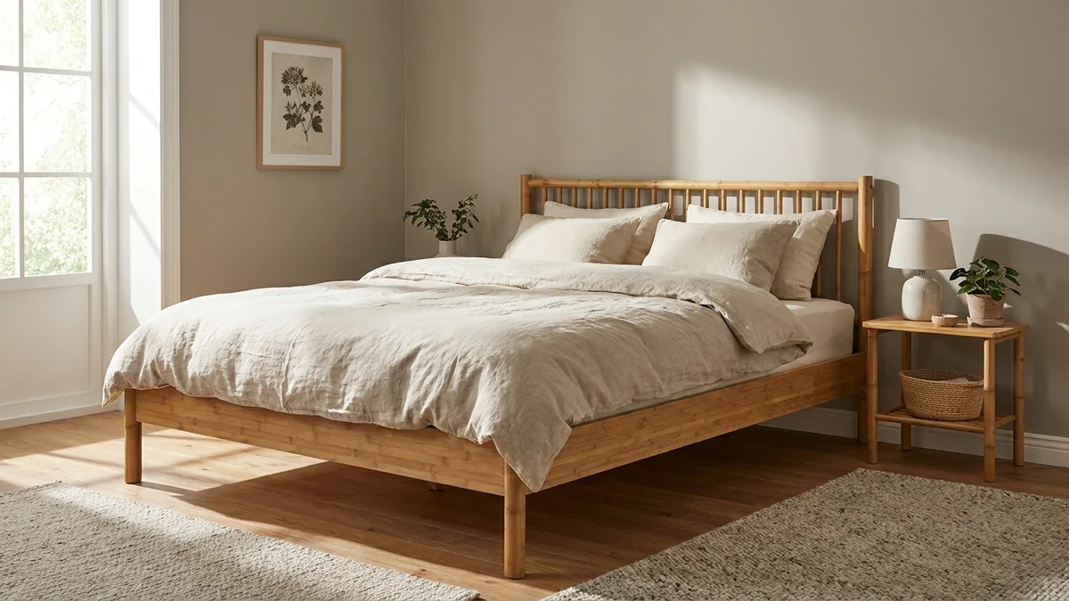Illustrated bamboo bed frame and matching nightstand in a sunlit bedroom
