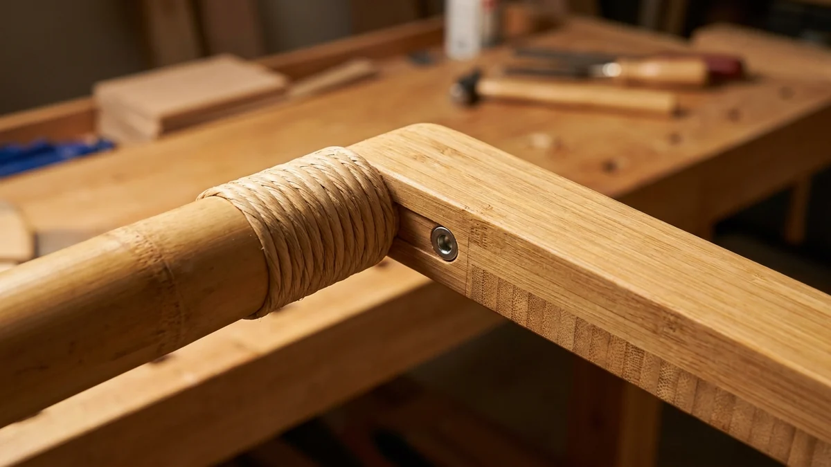 Illustration of bamboo furniture joinery with a layered board edge, wrapped joint, and recessed fastener