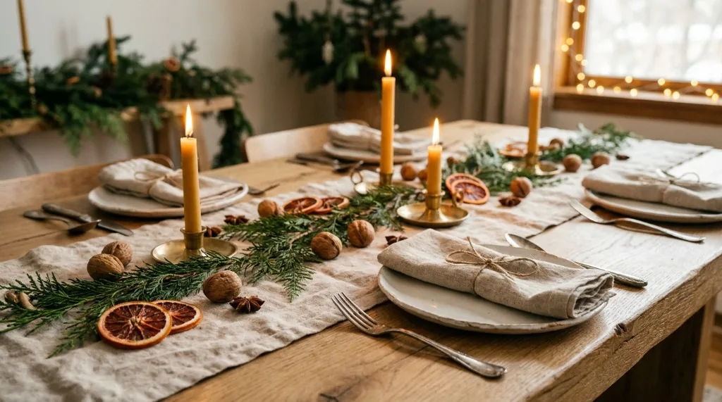Sustainable Christmas table decorations styled on a solid oak dining table with linen runner, low cedar greenery, beeswax tapers, and ceramic plates