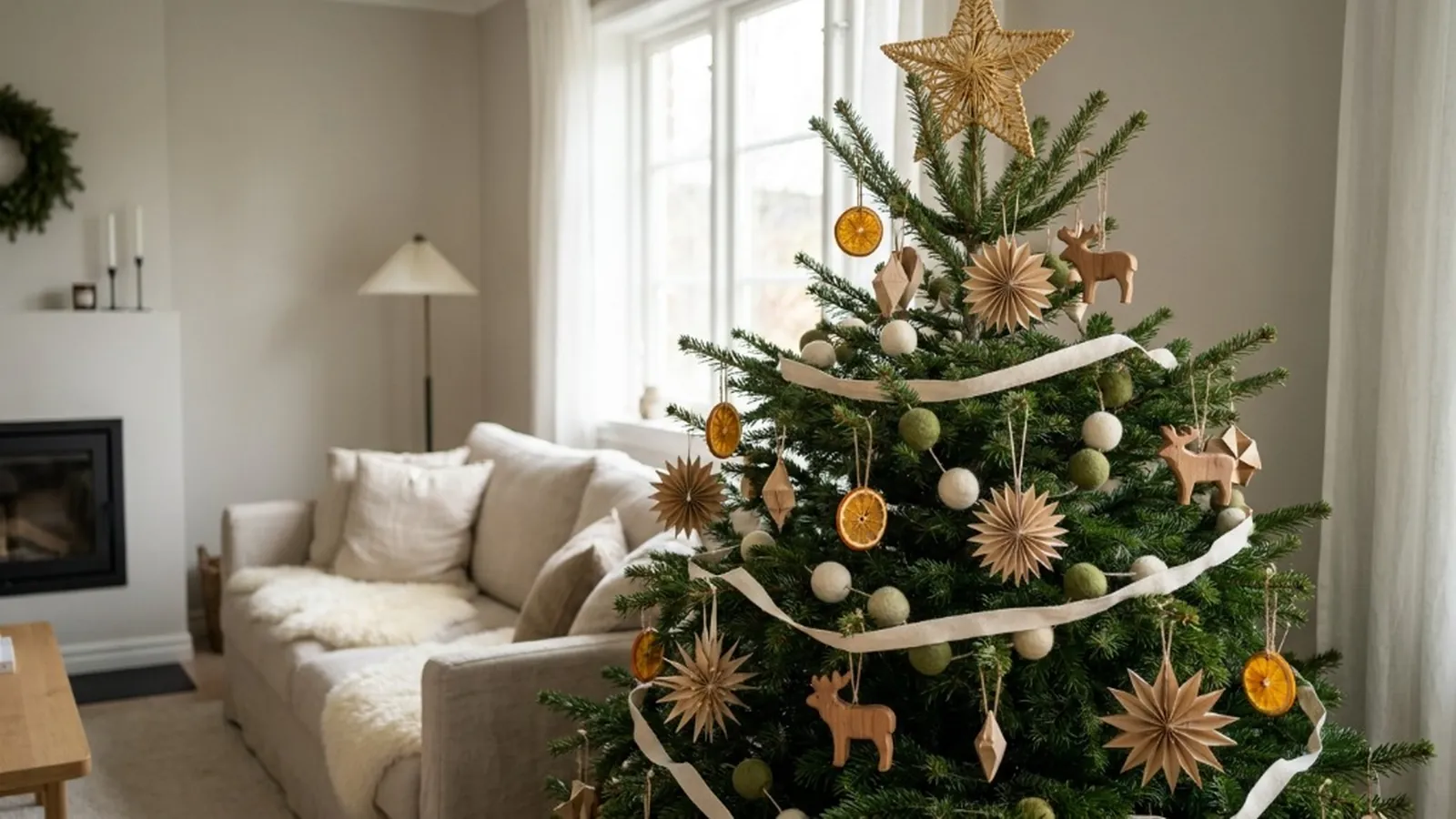 Lush real evergreen Christmas tree decorated with wooden baubles, wool felt spheres, dried orange slices, and a woven straw star topper in a warm living room