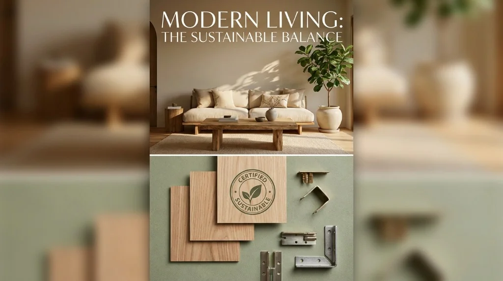 Overview of sustainable furniture brand evaluation showing certified wood swatches, hardware joinery, and natural living room design