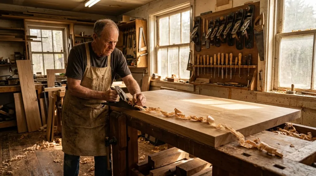 Skilled furniture craftsman assembling a solid timber dining table frame by hand in a sunlit regional workshop