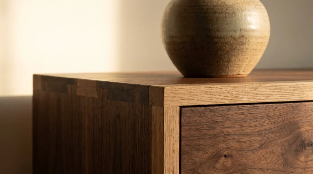 Sustainable furniture craftsmanship featuring solid walnut timber joinery, natural linen sectional sofa, and handwoven wool rug