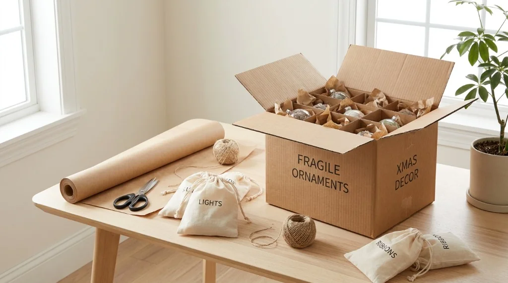 Sustainable holiday decor storage station using repurposed cardboard wine box dividers and unbleached cotton muslin bags