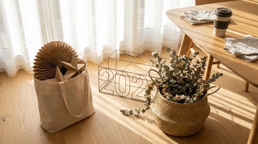 New Year party cleanup with a canvas tote for reusable paper decor and a basket for natural greenery