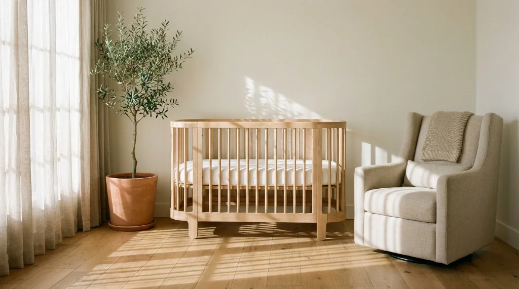 Modern non-toxic baby nursery featuring a solid natural wood convertible crib and upholstered glider in soft morning daylight