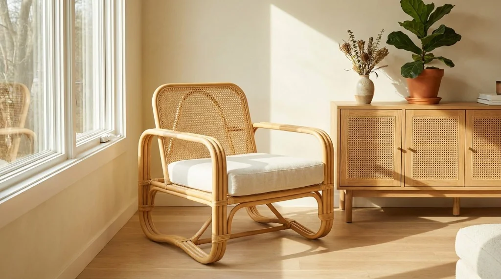 Handcrafted sustainable rattan furniture accent chair with steam-bent poles and woven cane backrest in a sunlit living room
