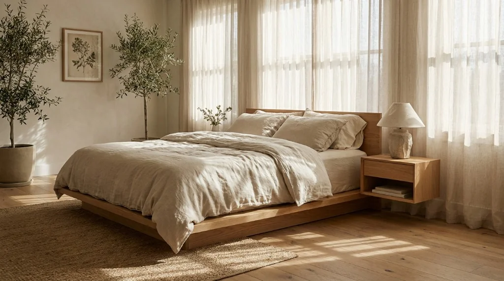 Low-profile solid white oak platform bed frame with organic linen bedding and floating nightstand in a sunlit primary bedroom
