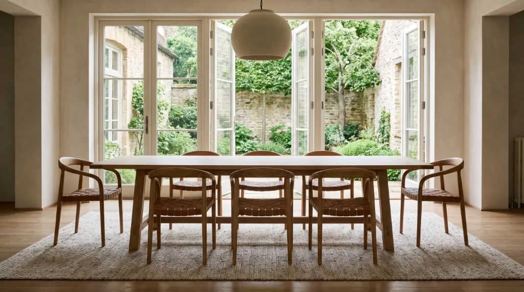 Solid white oak extensible dining table with traditional trestle joinery and matching sculpted wooden chairs